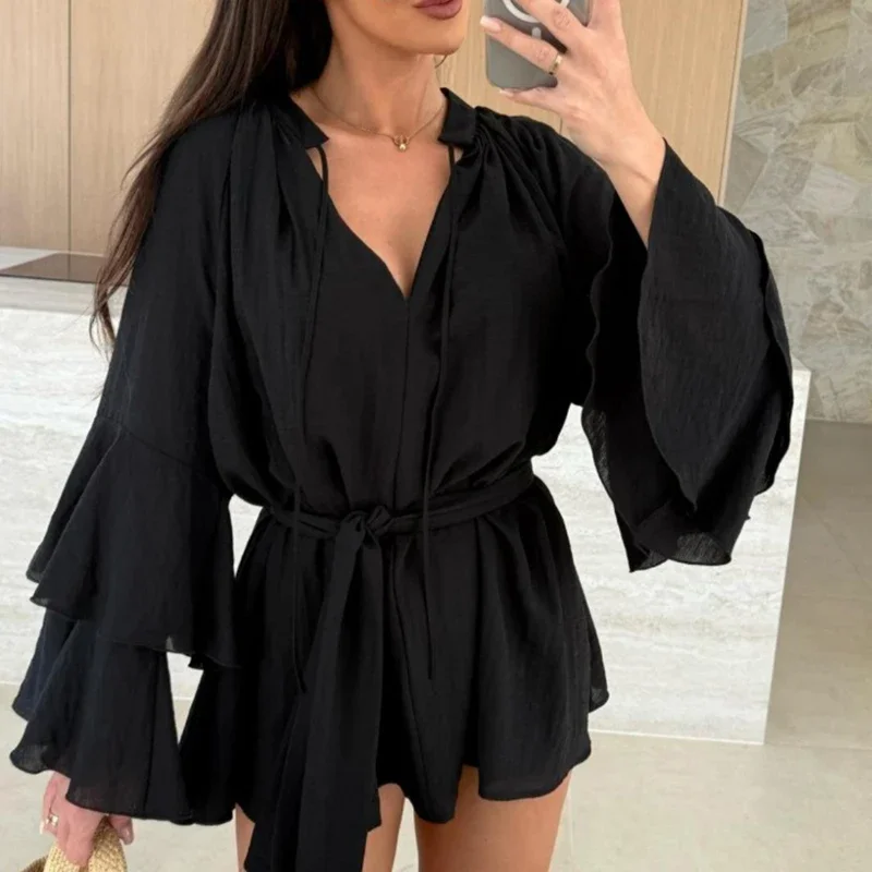 Ruffle Mini Dress - Casual Flare Sleeve Deep V-neck Holiday Dress