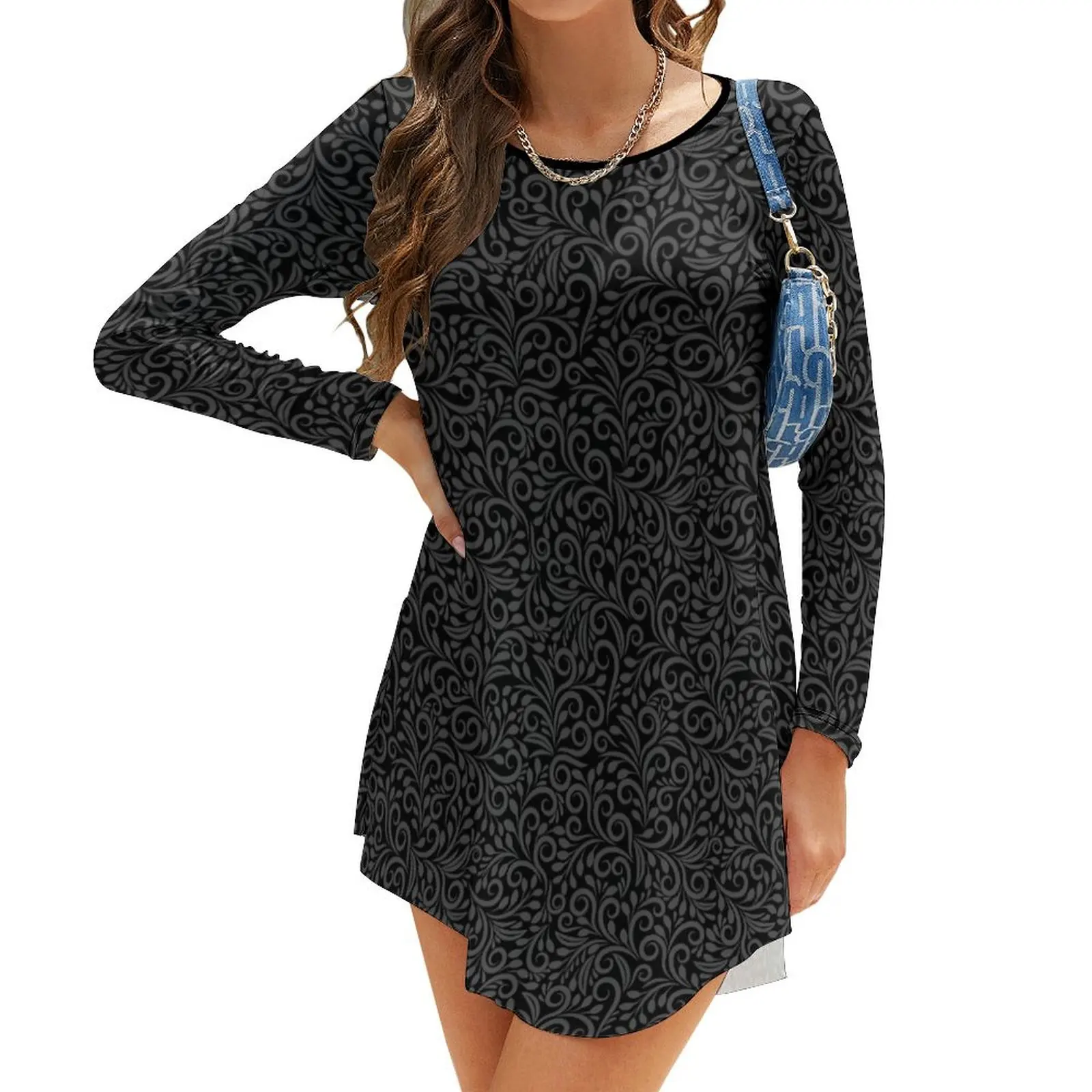 

Black floral pattern Long-Sleeve Dress prom dresses dress dresses dresses korean style