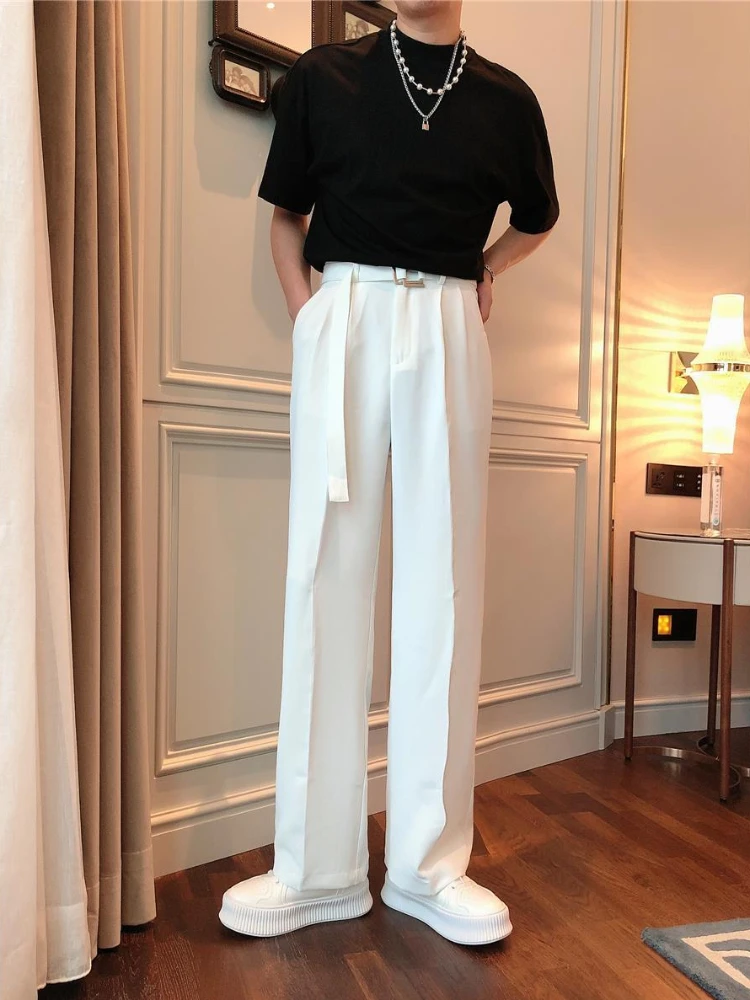 White Trousers For Men Baggy With Belt Wide Leg Elegant Spring