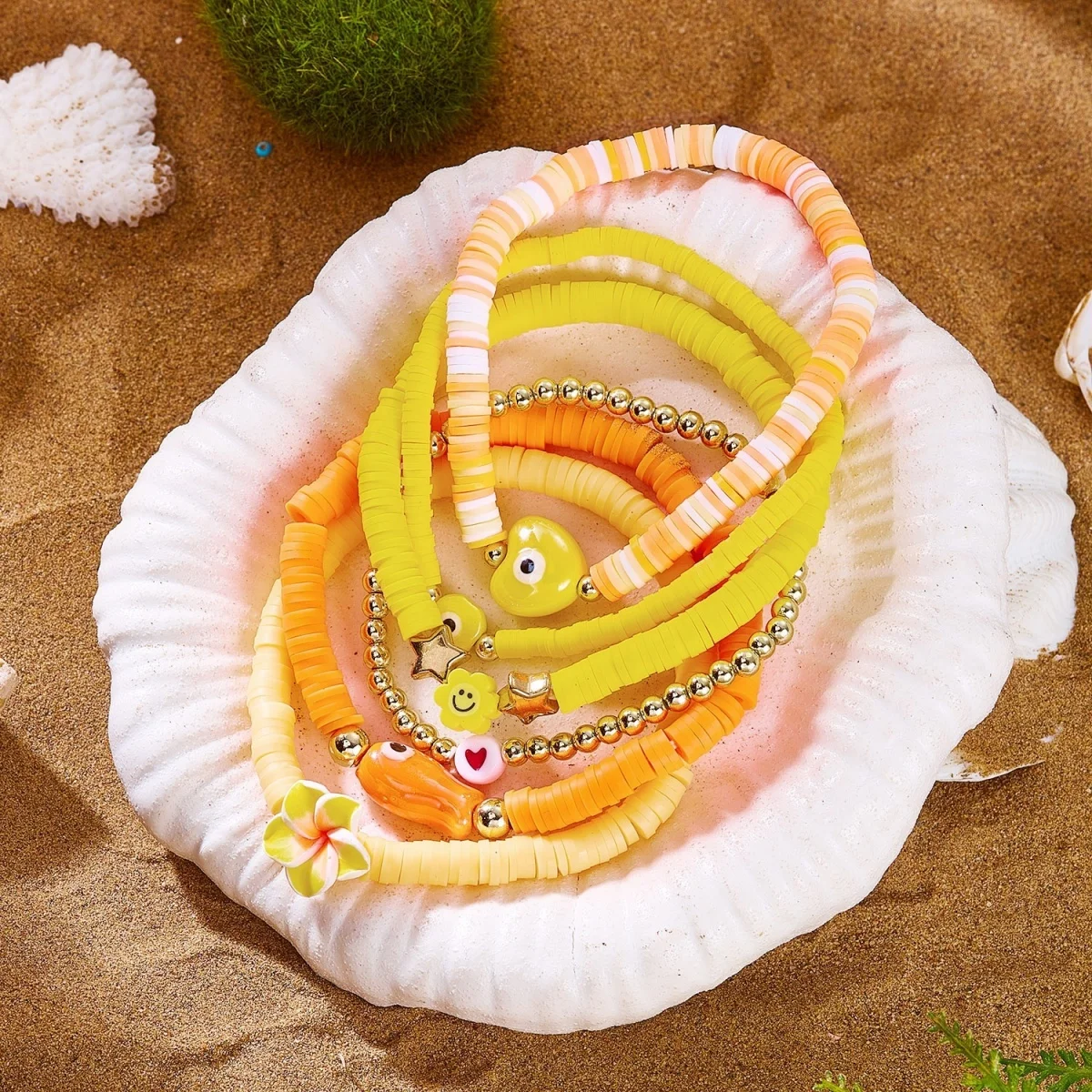 Weiche Polymer-Ton-Blumen-Keramik-Fisch-Herz-Böser-Blick-Armbänder für Damen und Herren – Sommerliche florale gestapelte Armreifen für Strandurlaub und Schmuck – Detail 23