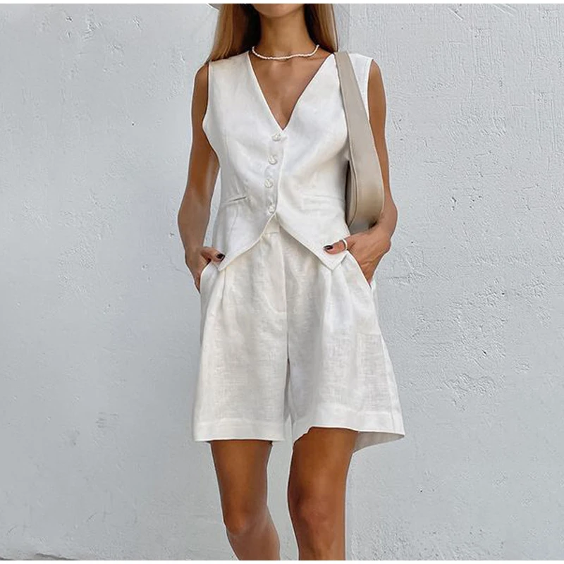 2pcs/Set Women Solid Color Sleeveless Single-Breasted Vest And Loose Shorts, Summ | ChicGrl
