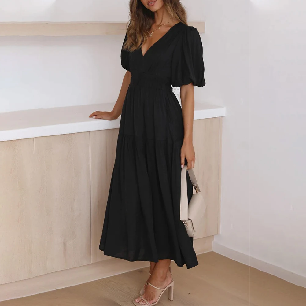 

Skirt Womens Dress Crinkle Tiered Dress Daily Elegant Female Holiday Lantern Sleeve Party Regular Slight Strech