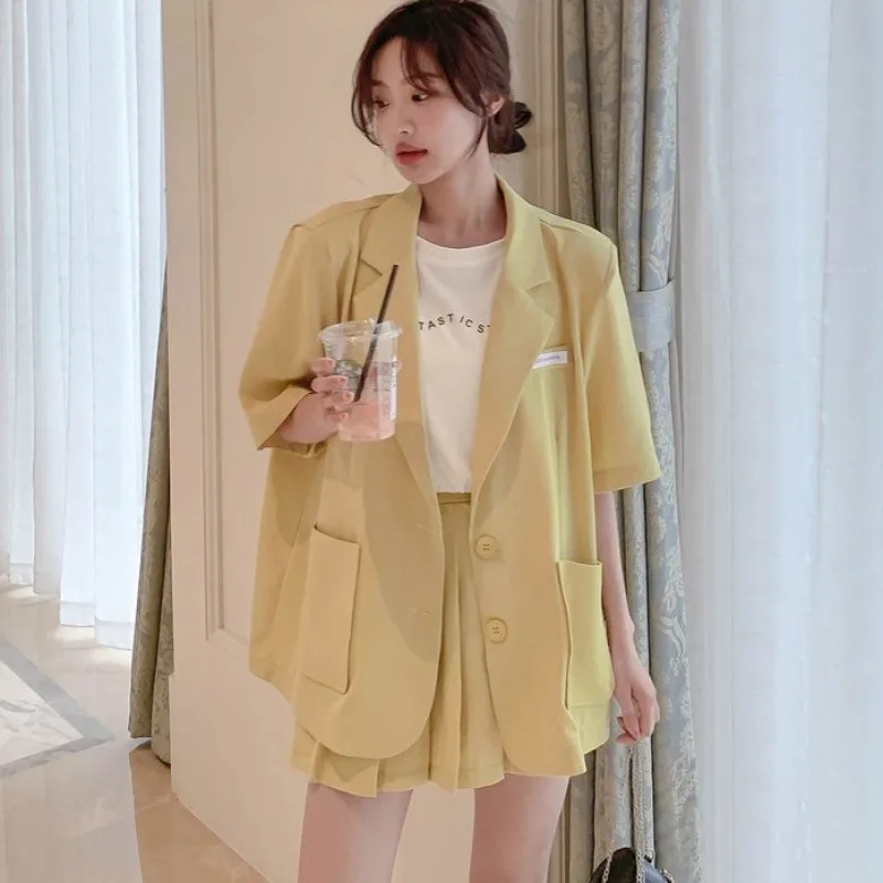 

Summer Thin Half Sleeve Blazers Mini Skirts Two Piece Set for Women 2024 Korean Fashion Casual Loose Suit Coats Skirt Outfits