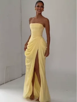 Elegant Yellow Strapless Pleated Long Dress Women Chic Solid Sleeveless Waist Cinching Split Gown 2026 Lady Evening Party Robe 1