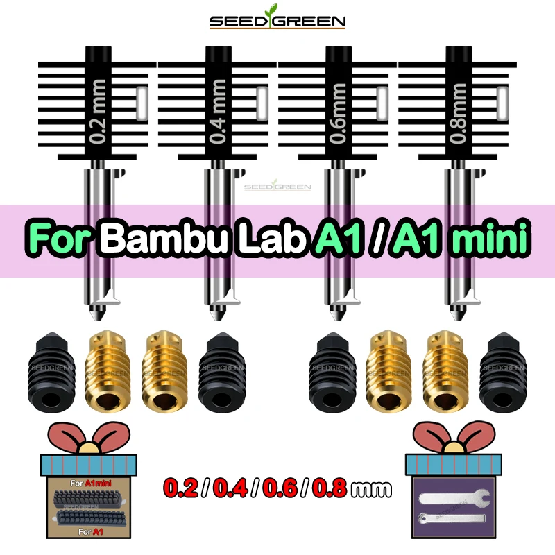 For Brass Hardened steel Nozzle 3D printer Hotend Kit For Bambu Lab A1/A1 mini 0.2/0.4/0.6/0.8MM Silicone Brush Assembly