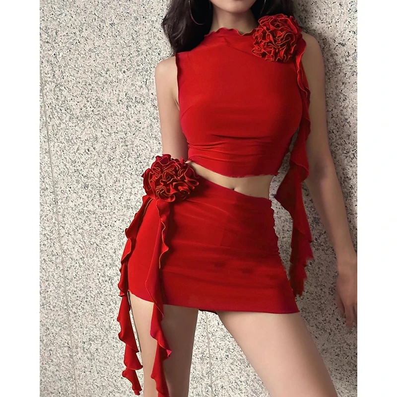 

y2k Summer Women Red Tassel Skirt Set 2-piece 3D Flowers Sleeveless Crop Top and Slim Fit Mini Skirt Streetwear For Nightclub