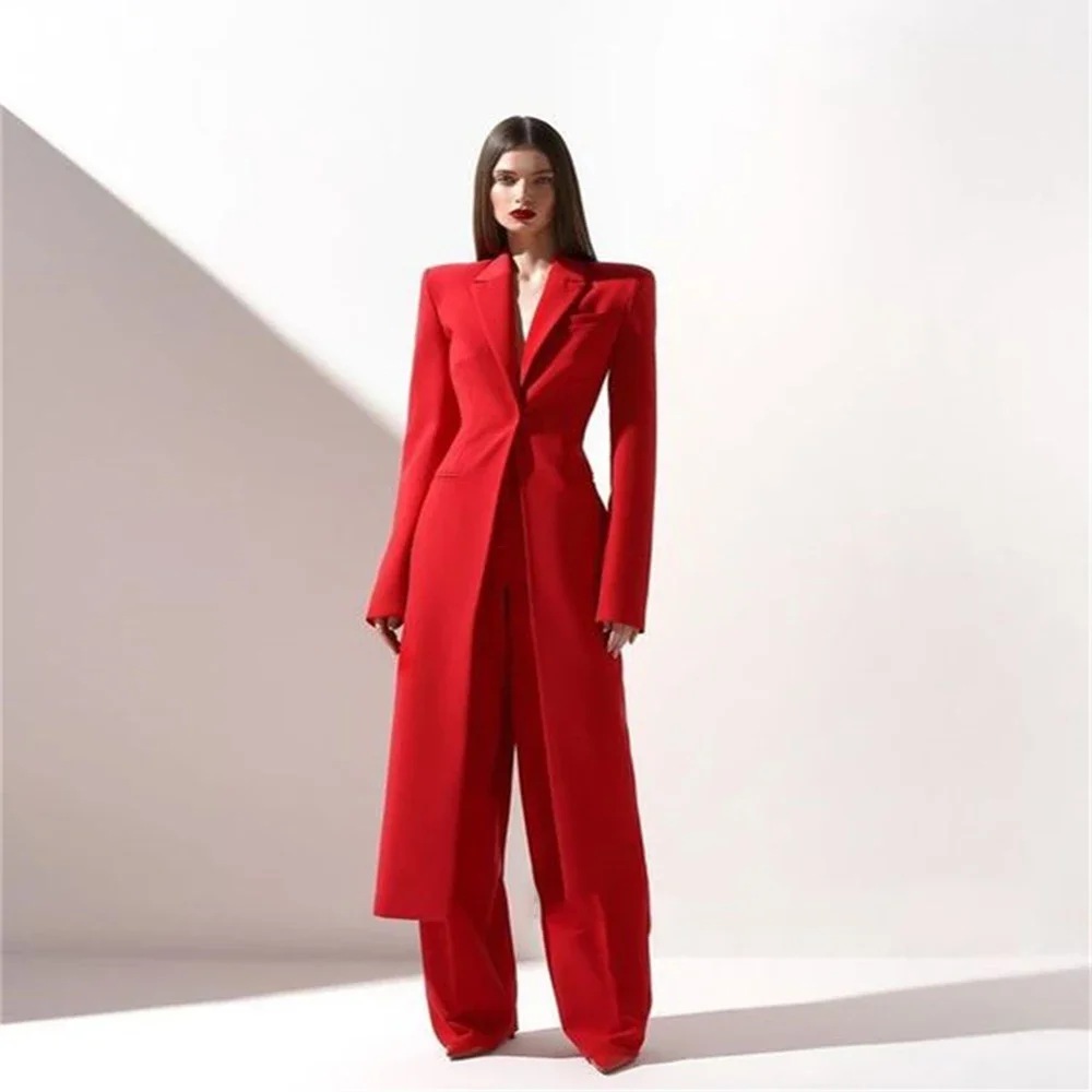 High-end Women Pants Sets Office Lady Formal Slim Fit 2 Piece Fashion Peak Lapel One Button Long Coat Solid Color Custom Suits 3