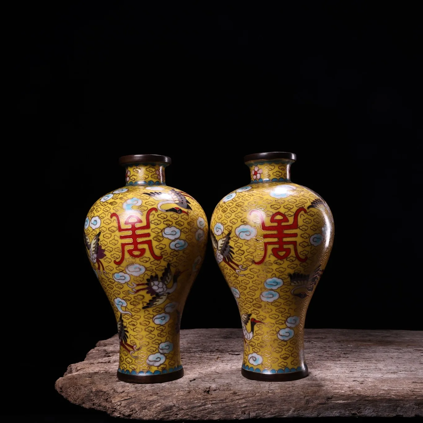 

9"Tibet Temple Collection Old Bronze Cloisonne Enamel Cloud Crane Texture Longevity Bottle Vase A pair Ornaments Town house