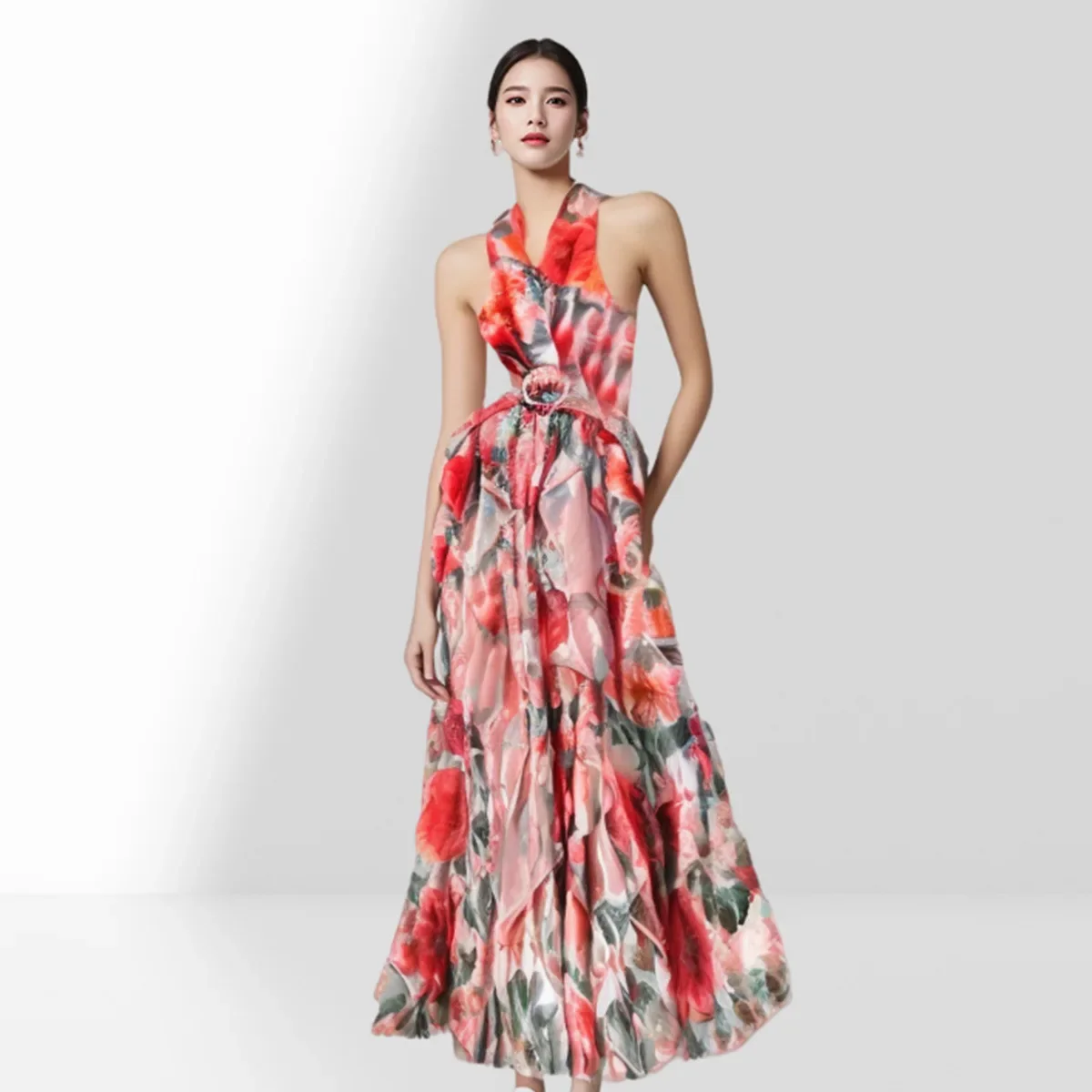 

Bohemian V-neck, Backless Waist, Slim A-line Ruffle Print Dress Long Skirt with A Large Swing By The Sea Summer Dress