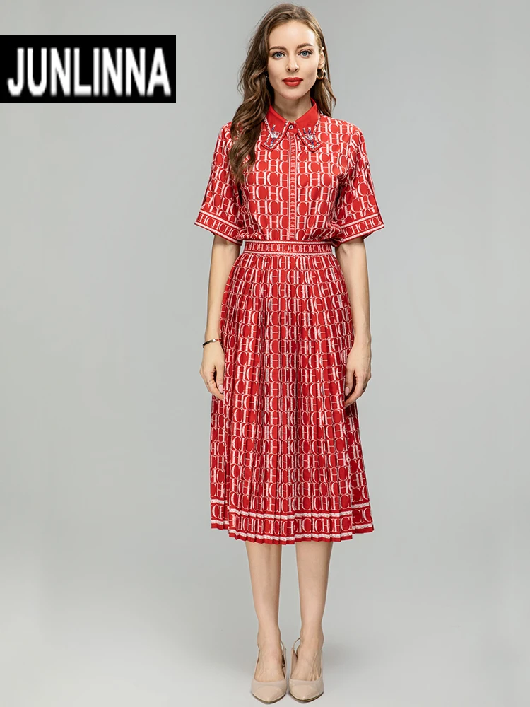 

JUNLINNA Fashion Runway Two Piece Set Summer Women Beading Turn-down Collar Elegant Letters Printing Skirt Suit Party Vacation