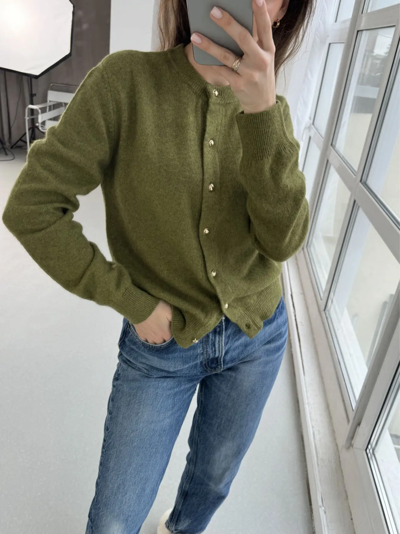 Autumn Women's Casual Wool Solid Color Round Neck Long Sleeve Loose Cardigan Sweater 5