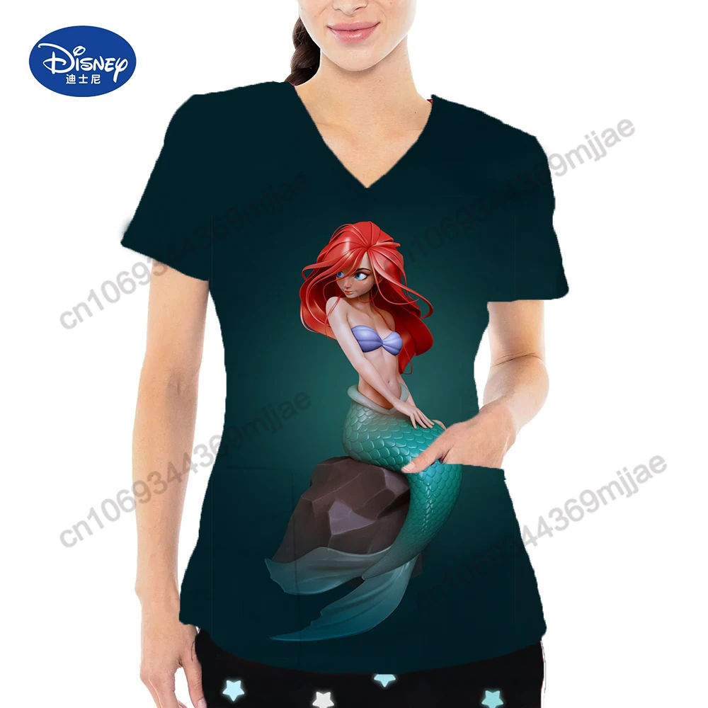 V-neck Woman Clothing Nurse Uniform Tshirt Disney Korean Fashion Woman Blouse 2023 Pocket Women's -shir T Shirt for Women Yk2