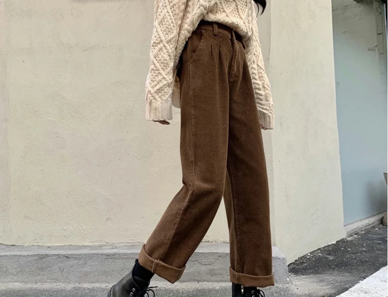 

2022 New Corduroy Women's Pants Straight Casual High Waist Pleated Trousers Vintage Harajuku Autumn Chic Solid Woman Bottoms
