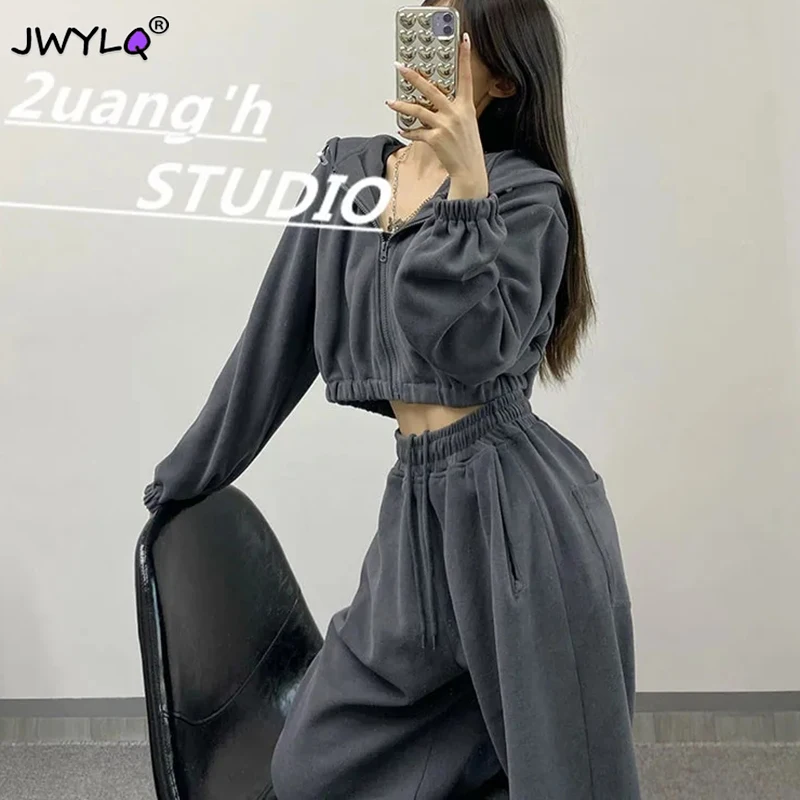 

Spring Autumn Zipper Hooded Cropped Sweatshirts+high Waist Drawstring Womens Two Peice Sets New Loose Streetwear Tracksuit Women