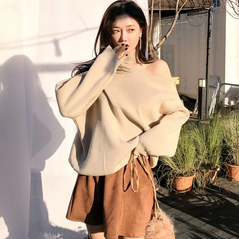 New Autumn and Winter Women's Semi-turtleneck Off-shoulder Long-sleeved Sweater Elegant and Sexy Lantern Sleeves Loose Knitwear