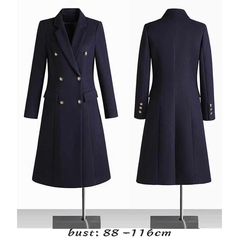 High quality wool blend long trench coat for women big size double breasted new winter 2023 elegant clothes - black grey blue