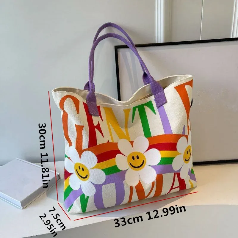 Flower Letter Print Tote Bag, Kawaii Sweet Canvas Handbag, Women Large Capacity Shoulder Bag