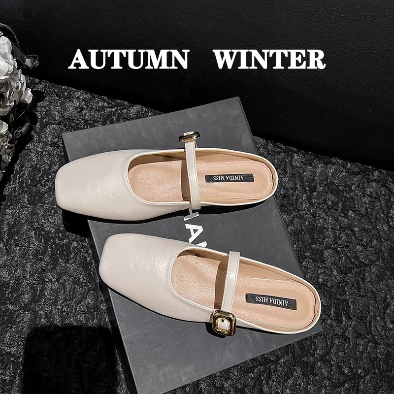 Soft Leather 2025  Silver Buckle Strap Casual Shoes Fashion Flats Elegant Glitter  Shoes Cover Toe Slippers Women Loafers 2