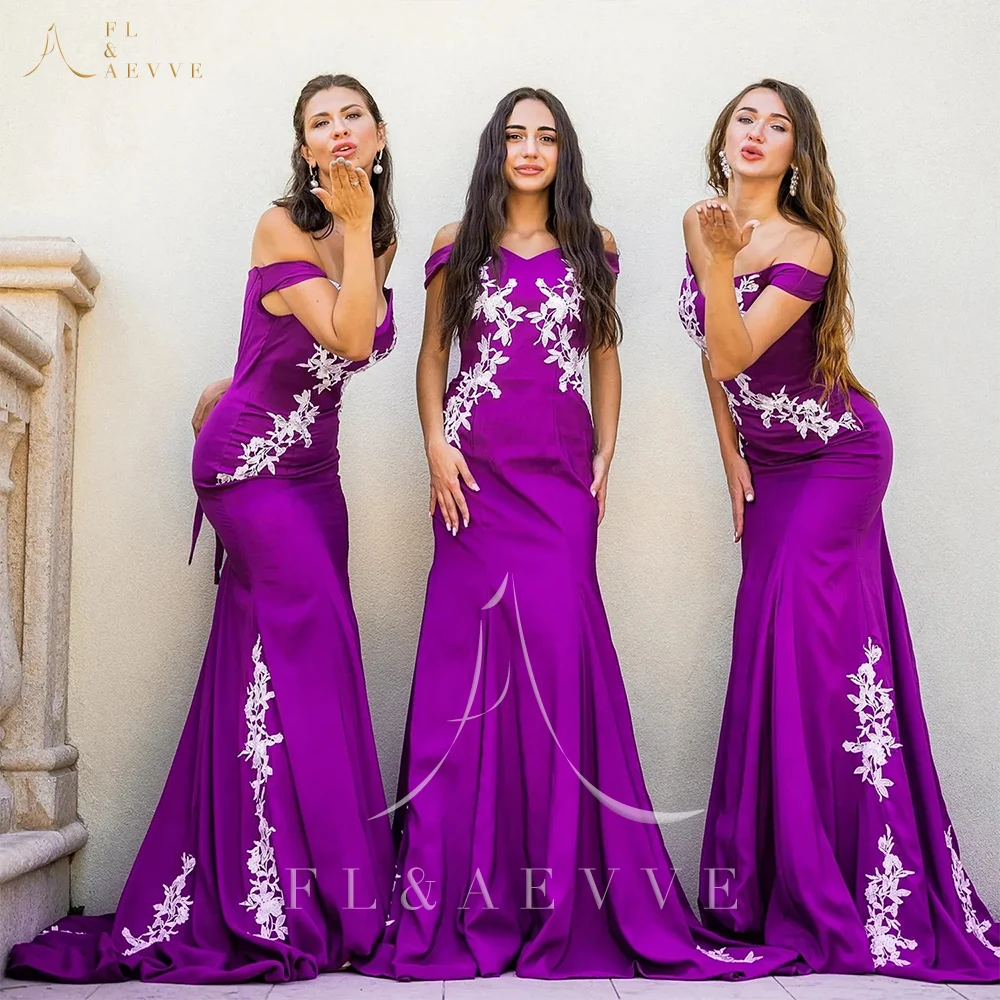 

Grape Satin Dress Bridesmaid Dresses White Appliques Elegant Long Wedding Guest Dress for Wedding Party Dress Robe Weddings Gown