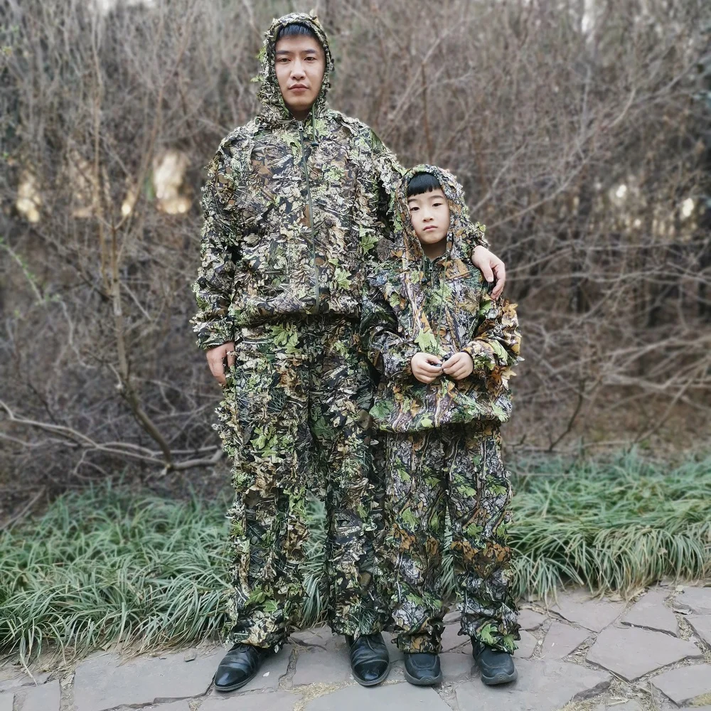 Ghillie Suit Men Women Kids Outdoor Ghillie Suit Camouflage Clothes Jungle Suit CS Training Leaves Clothing Hunting Pants Hooded Jacket