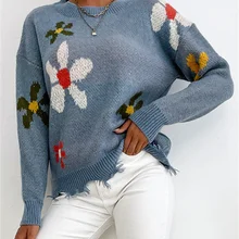 Fotvotee Oversized Floral Sweater Women Soft Warm Pullovers Ripped Long Sleeve O Neck Loose Fashion Ladies Jumpers Blue Tops