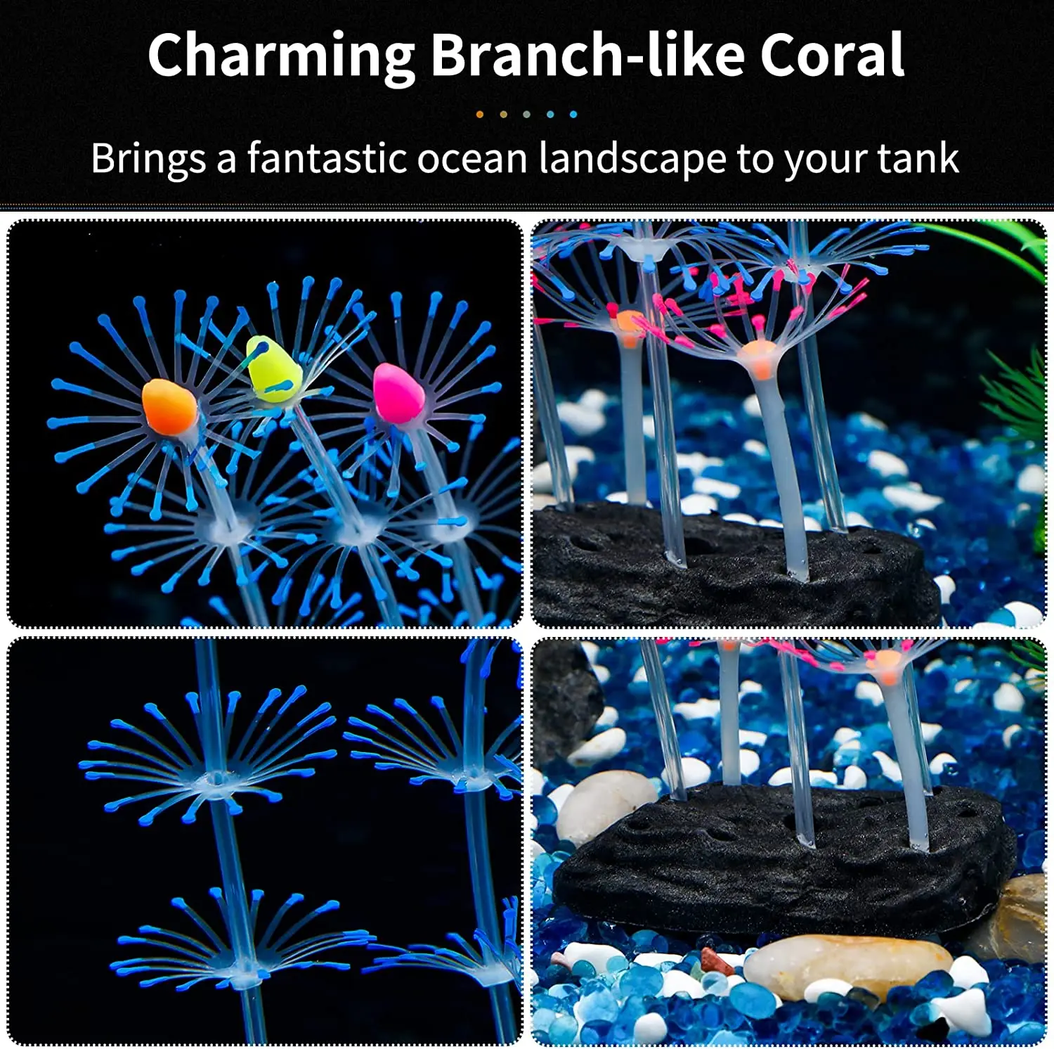 Glowing silicone coral aquarium decor with suction cups fish-safe UV-activated plants for saltwater freshwater tank setup
