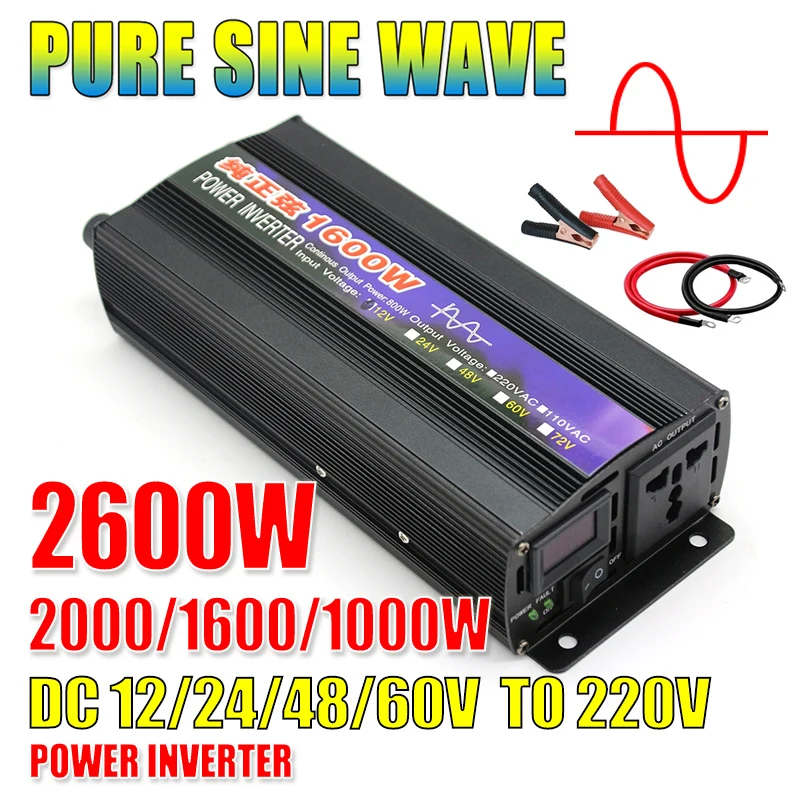 Inverter A Onda Sinusoidale Pura 12V 220V 2600W 2000W 1600W 1000W Dc12V 24V 48V 60V A Ac 220V Per Auto Camion Rv Barca Display Digitale Domestico