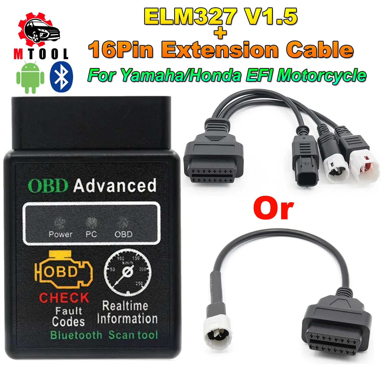 ELM327 V1.5 Bluetooth Android for Yamaha EFI Motorcycle Motorbike for Honda 3pin 3+4+6pin To 16pin OBD2 Cable ELM 327 Fault