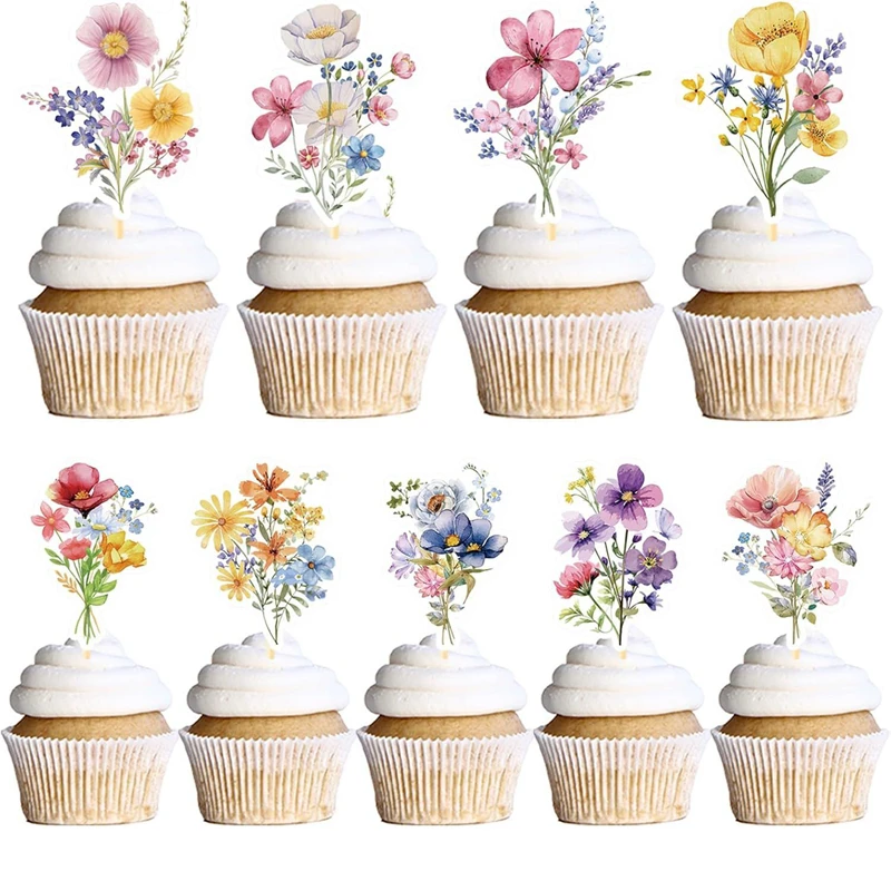 18Pcs Wildflower Cupcake Toppers Boho Floral Cake Toppers for Kids Girls Birthday Party Decoration Supplies Baby Shower Favors