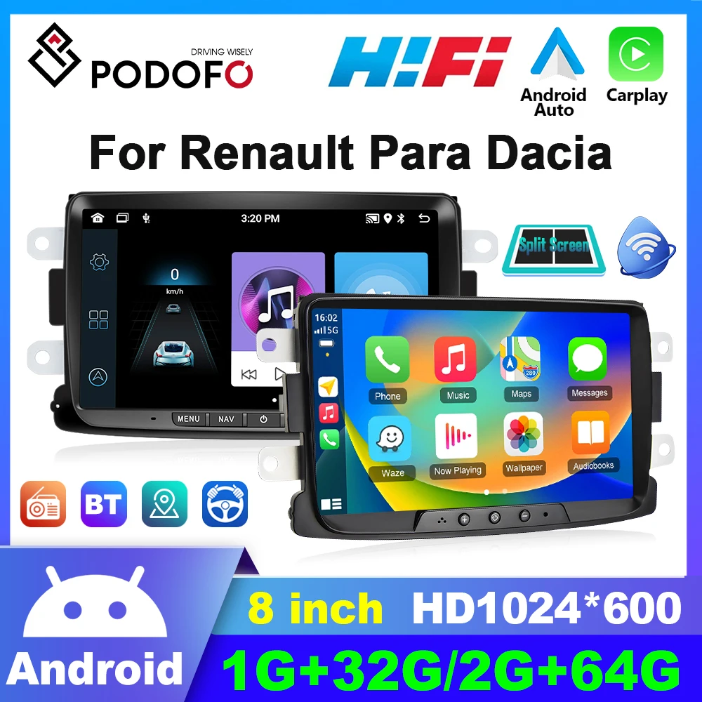 

Podofo 2din Android Car Radio For Renault Dacia Duster Sandero Logan Dokker 2010-2012 Carplay autoradio GPS Navigation Bluetooth