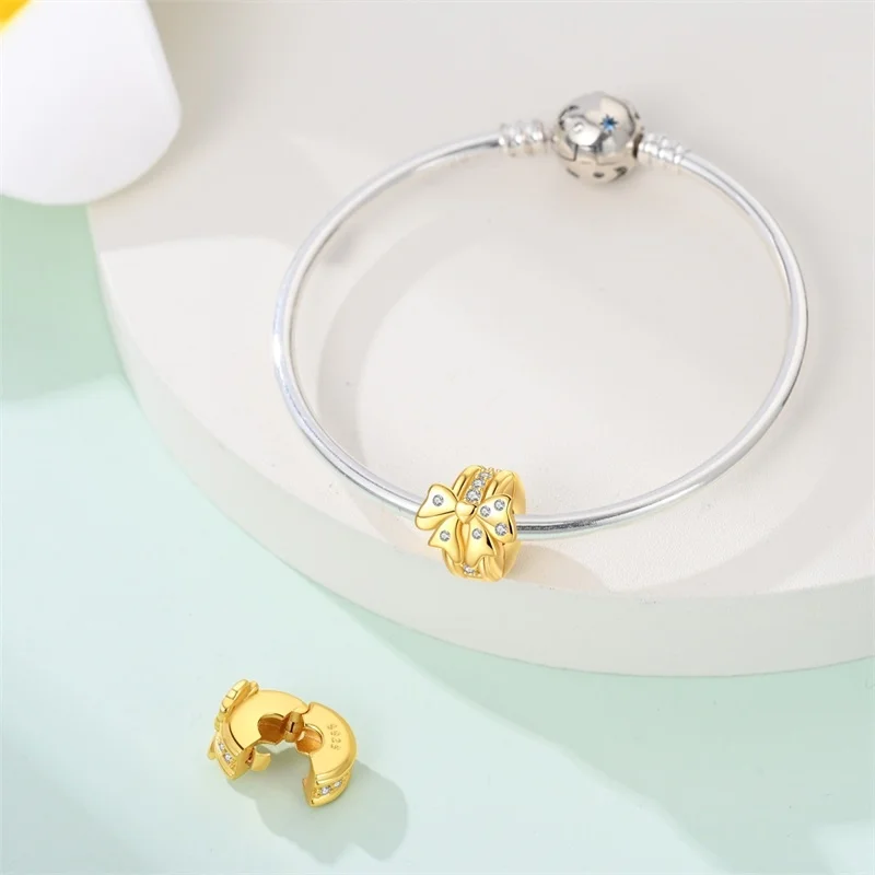 Echtes S925 Silber Bunte Stopper Clip Stern Bowknot Perlen Frühling Fit Pan Original Armband Edlen Schmuck Geschenk Frauen Diy – Detail 37
