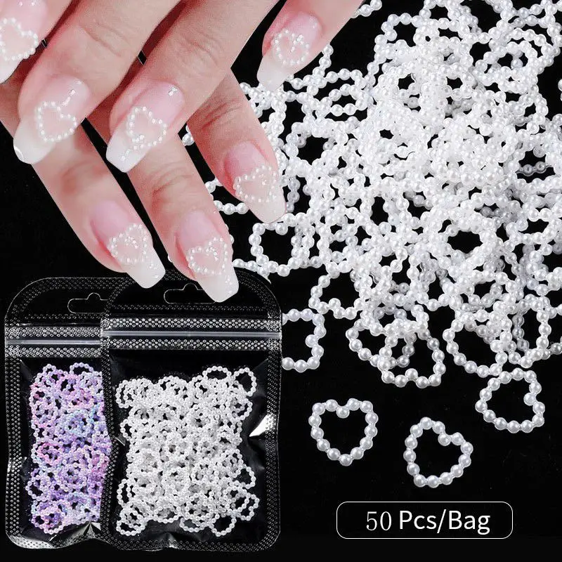Elegant Pearl Heart Nail Art Charms Set - 50 Pieces 3D Decorative Beads and Rhinestones