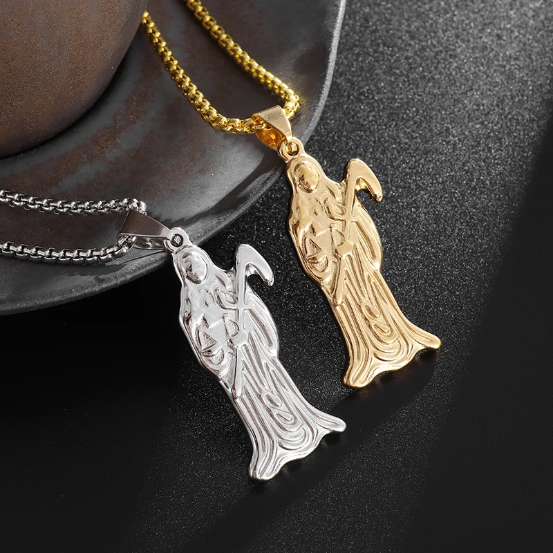 

Gothic Hell Reaper Scythe Pendant Stainless Steel Devil Messenger Necklace Men Punk Hip Hop Rock Halloween Party Jewelry Gifts