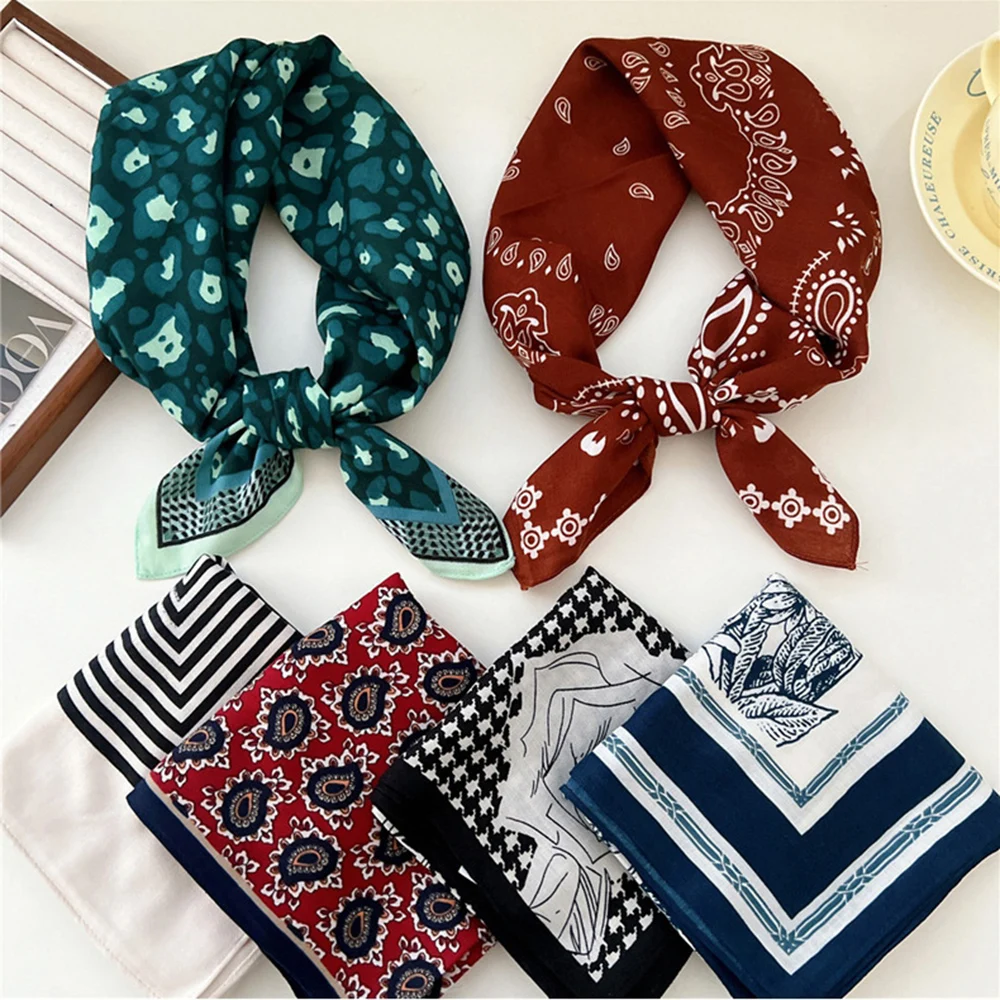 Vintage Flower Pattern Head Neck Scarves 65*65cm Cotton Linen Print Square Scarf For Women Small Shawls Female Bag Scarves 2