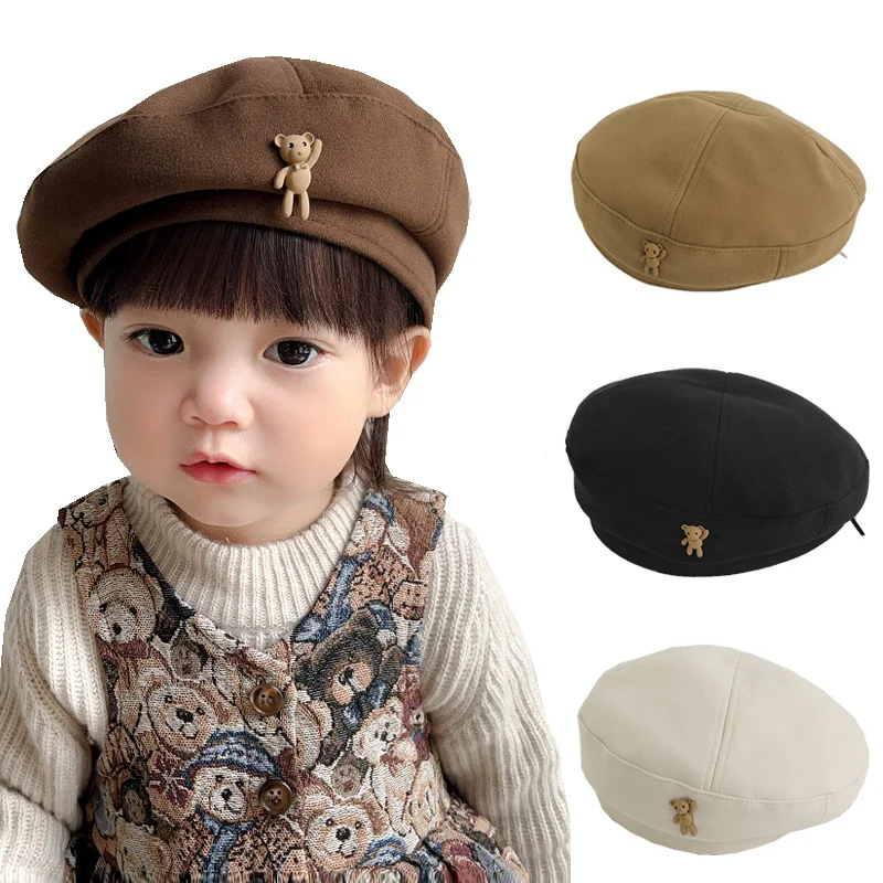 

Wool Baby Girl Hat Winter Fall Bear Korean Children Cap for Girls Accessories Vintage Kids Beret Hats Adjustable 2-6Y