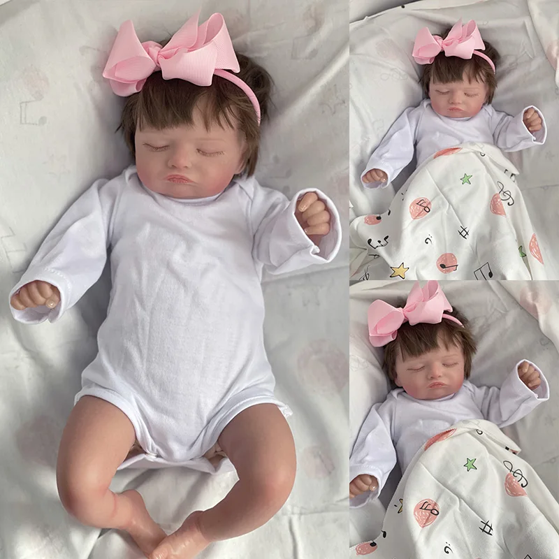 

49cm Rosalie Cute Reborn Sleeping Baby Doll Girl with Hand-Rooted Brown Hair Lifelike 3D Skin Painted for Kids Toys Gift