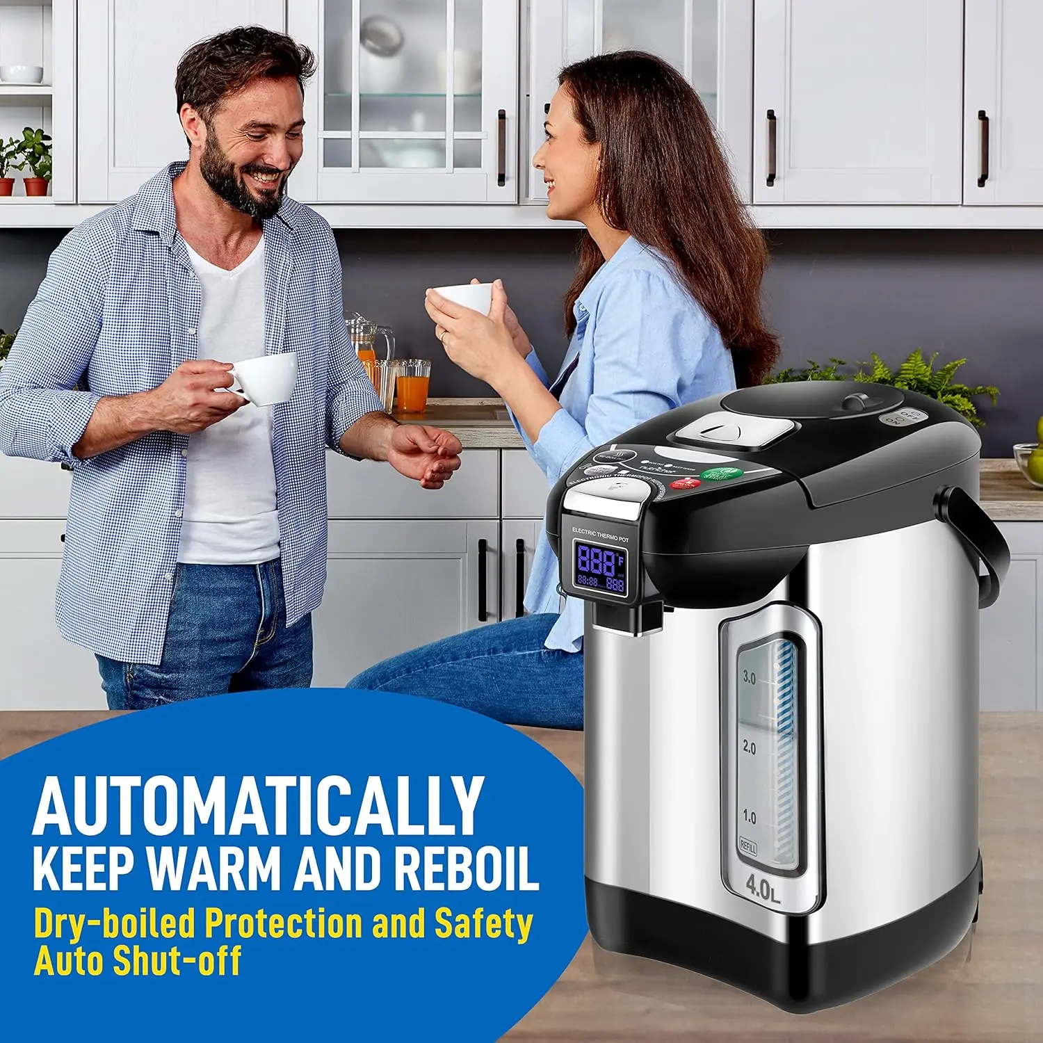 Digital Water Boiler and Warmer-4L/4.23 Qt Stainless Electric Hot Water Dispenser w/ LCD Display, Rotating Base, Keep Warm, Au