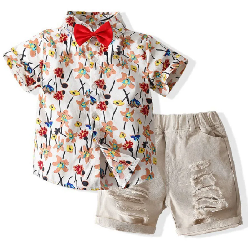 

2Piece Summer Toddler Boys Outfit Set Korean Fashion Gentleman Flowers Short Sleeve Tops+Shorts Baby Boutique Clothing BC1065