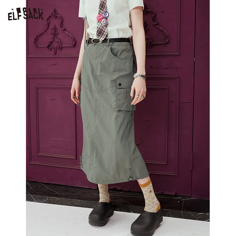 ELFSACK [Free Belt] Straight Work Dress Half Skirt for Women 2024 Spring New Versatile High Waist Long Skirt