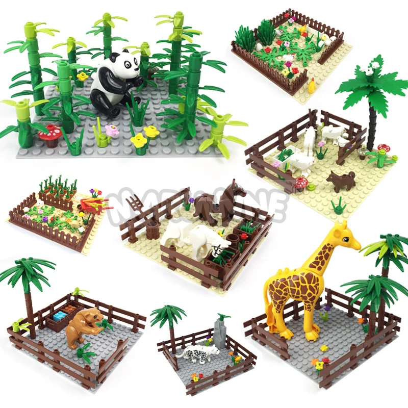 Marumine MOC Bricks Farm Animals Building Blocks Model Kit with Panda Chicken Cow Rabbit Trees Plant Construction Set Kids Toys