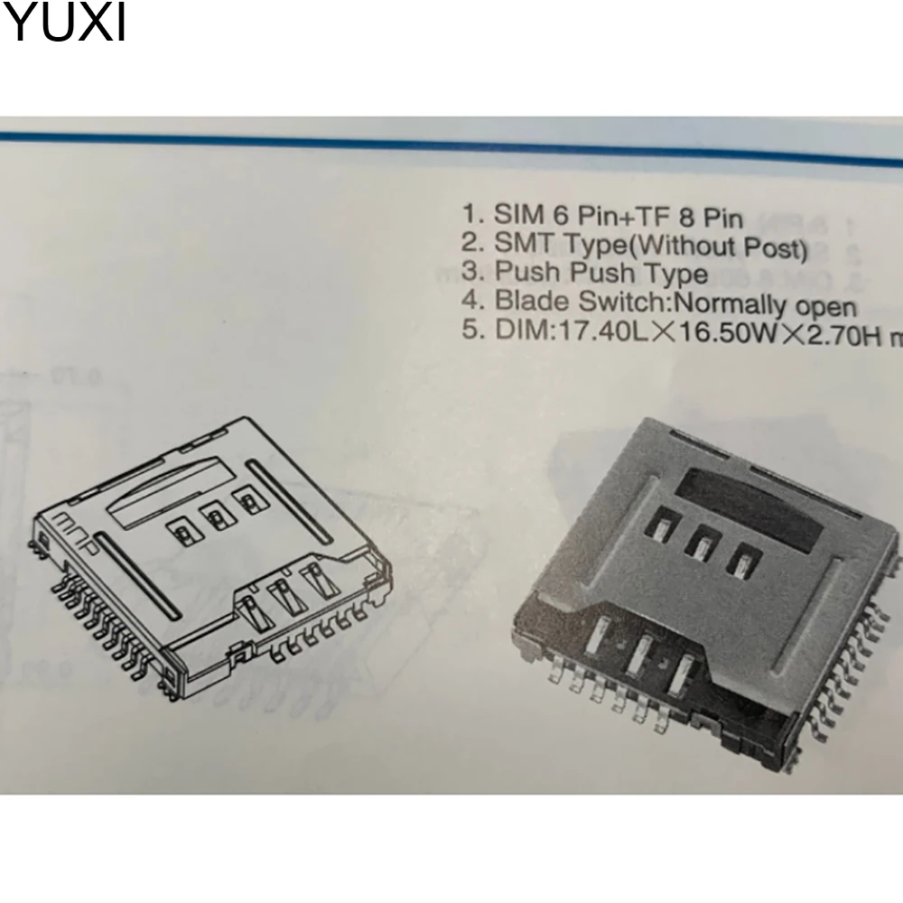 

YUXI 1PCS For SIM+TF 2-in-1 card holder SIM6pin+TF 8pin, push push self elastic=MUP-M618 smt