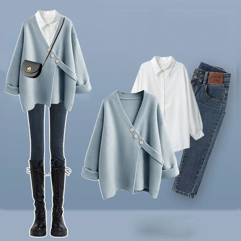 Autumn and Winter Large Women's Set 2023 New Shirt Design Sense Knitted Sweater Jeans Three Piece Set Y2k Clothes Womenpant Sets