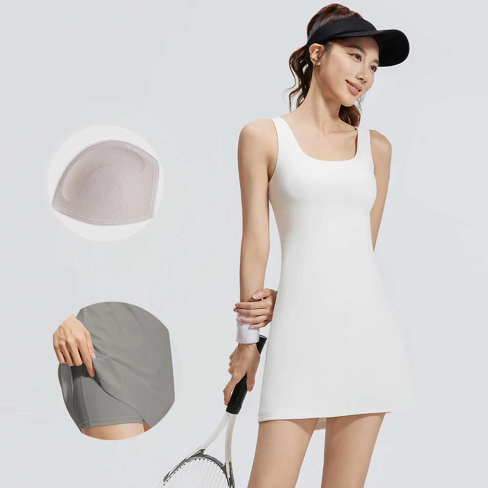 Slim Sport Women Mini Tennis Dress Tights Shorts Inside Quick Dry One Piece Sleeveless Yoga Training Exercise Gym Sportswear Pad