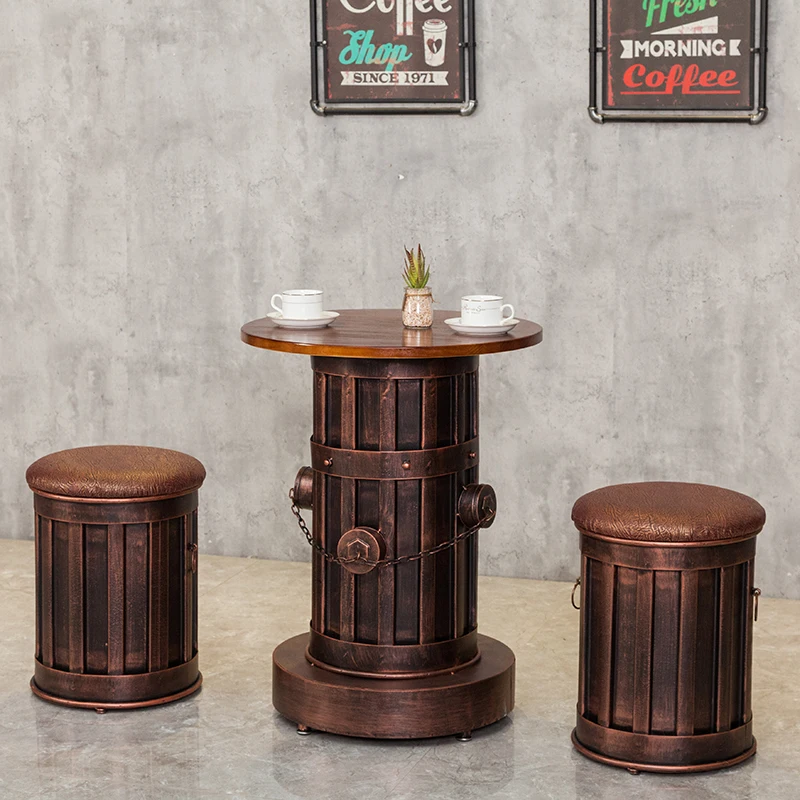 Customized Wrought Iron Old Round Stool Chair Retro Industrial Style Bar Table and Chair Oil Drum Table and Chair Combination
