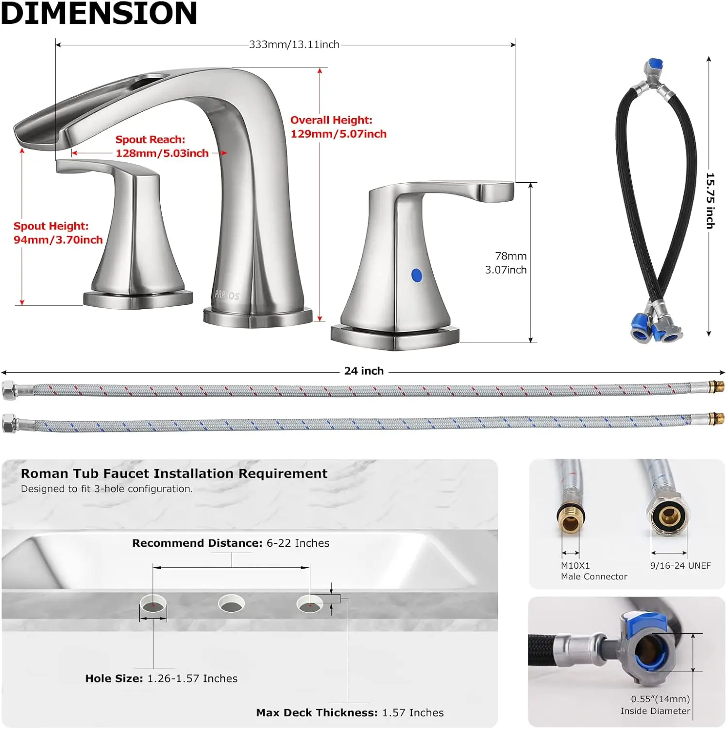 2-Handle Widespread Waterfall Roman Bathtub Faucet Tub Filler with Valve, Brushed Nickel, 1434202 4
