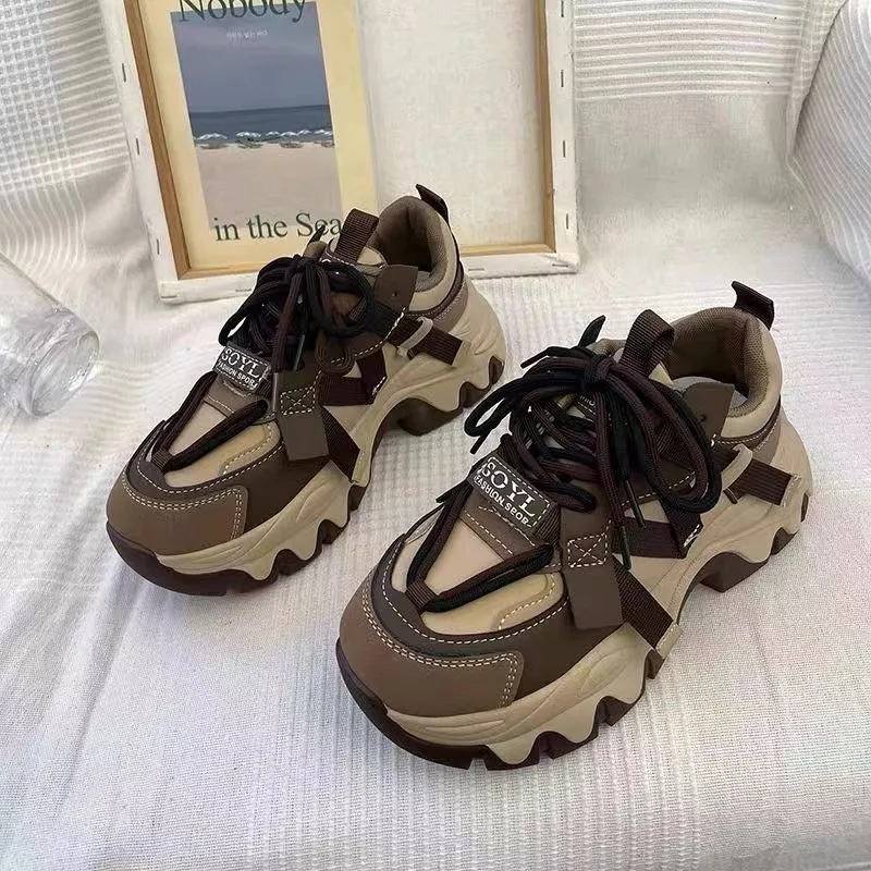 Black Brown Chunky Sneakers Women Spring Autumn Thick Bottom Dad Shoes Woman Fashion PU Leather Platform Sneakers Ladies D268 2