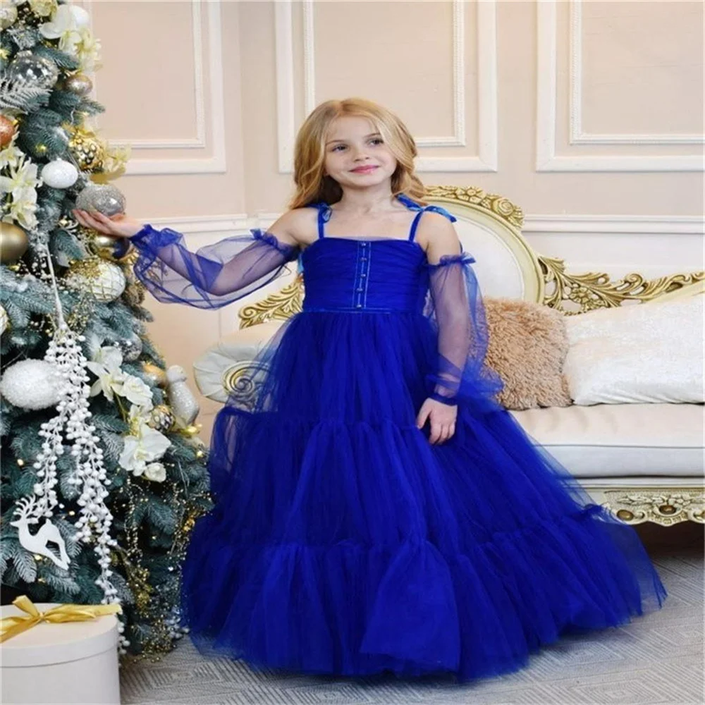 

Elegance Bright Blue Tulle Flower Girl Dresses Full Illusion Spaghetti Straps Ground Length First Communication Dress Gift