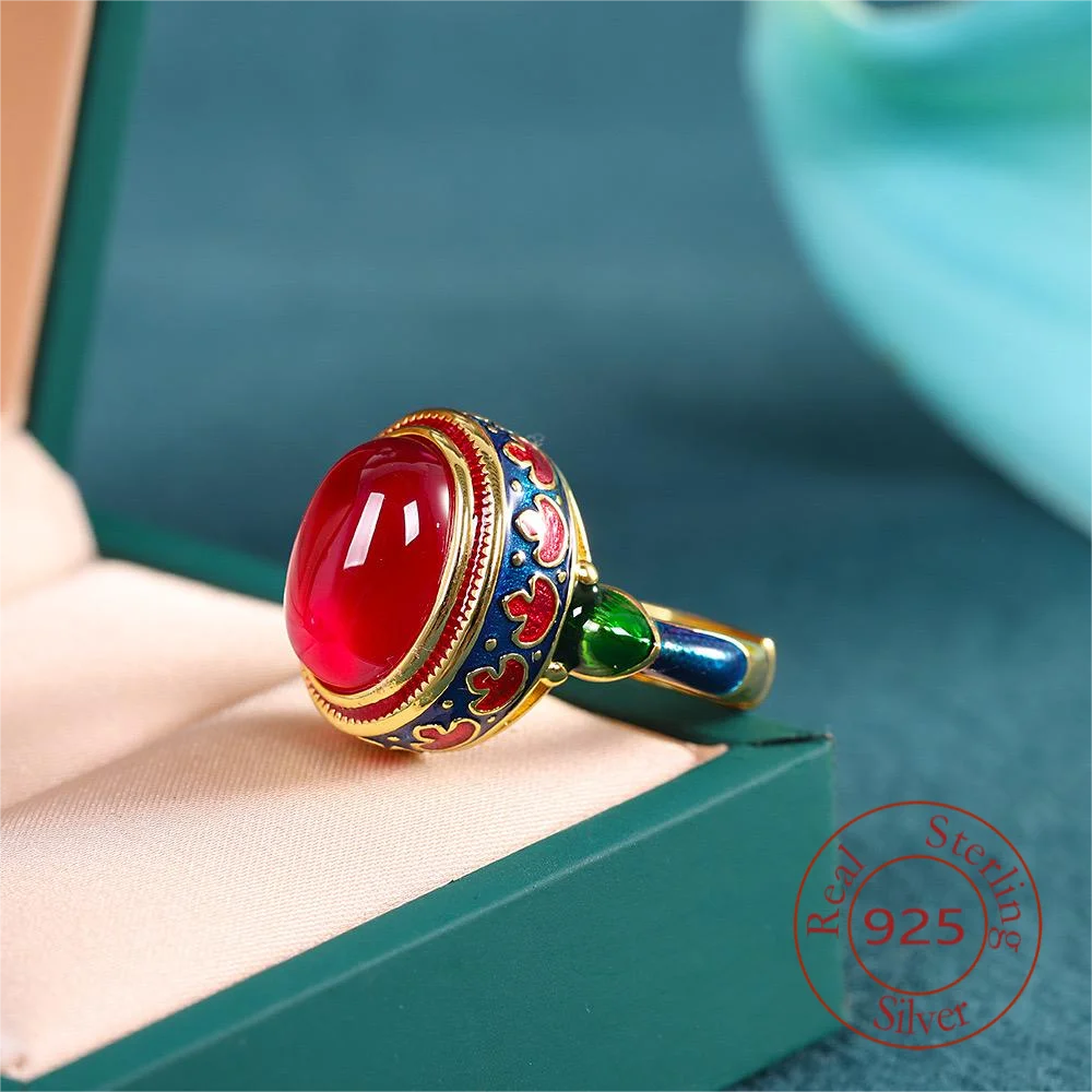 Amxiu  100% 925 Sterling Silver Enamel Color Red Corundum Ethnic Flavor  Ring Handmade Adjustable Ring Ring