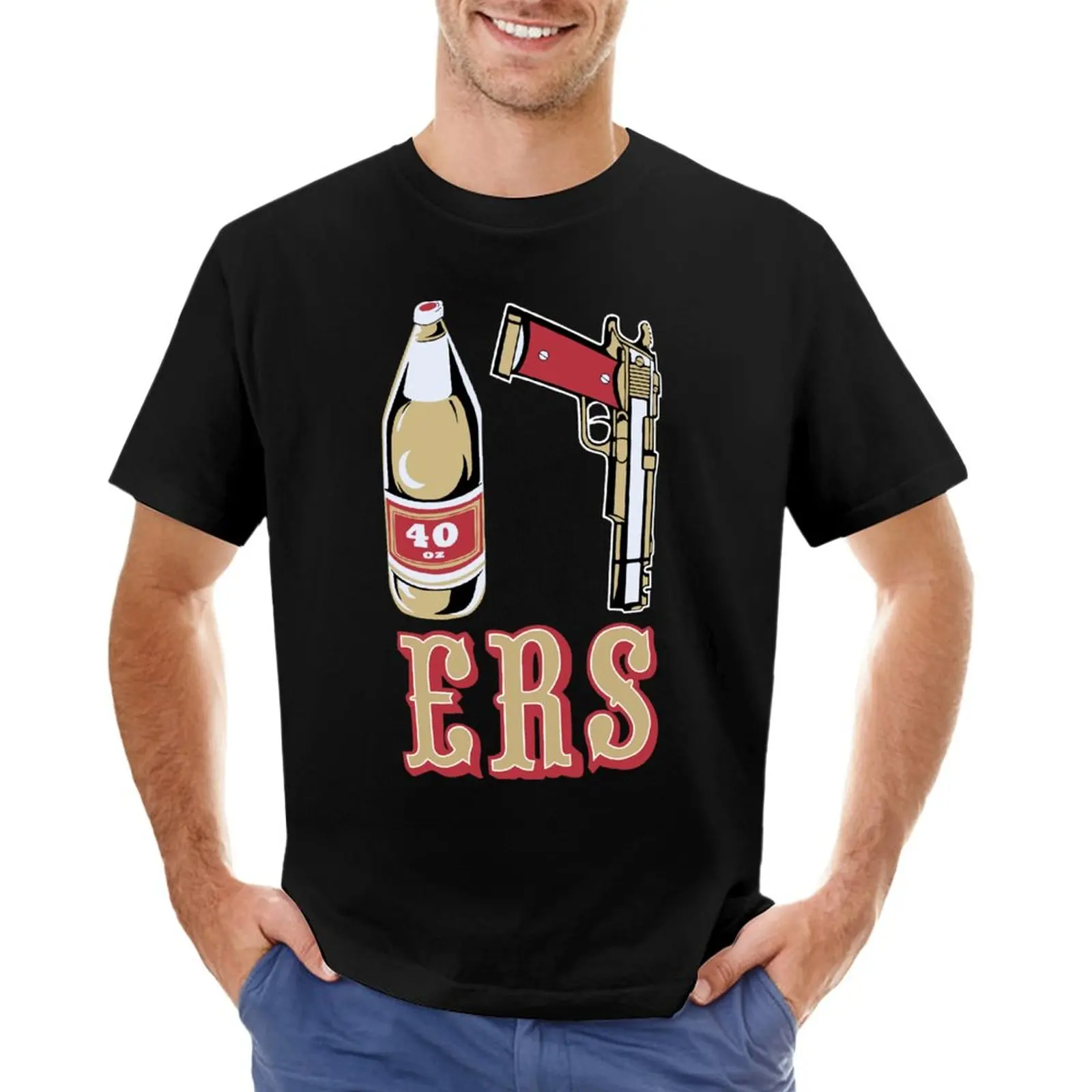 

Cool Mens Black 49ers 40 OZ 9MM Gold Gun T-Shirt tees blondie t shirt t shirts for men