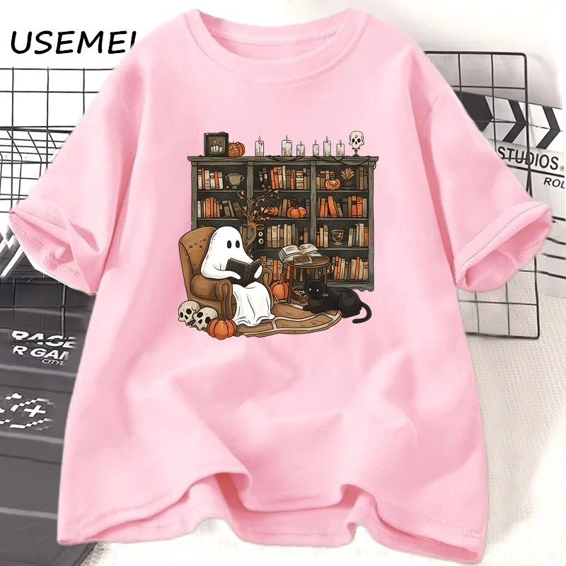 Retro Ghost Reading Books Librarian T-shirt Halloween Teacher Tshirt Women Cotton Boo School T Shirt Streetwear Women's Clothing 3